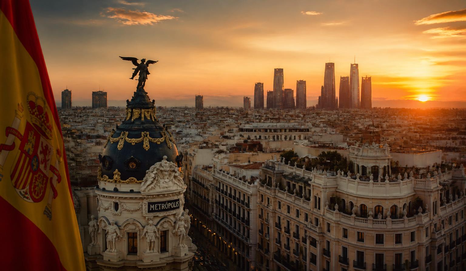 Skyline di Madrid al tramonto, espansione di imprese italiane in Spagna