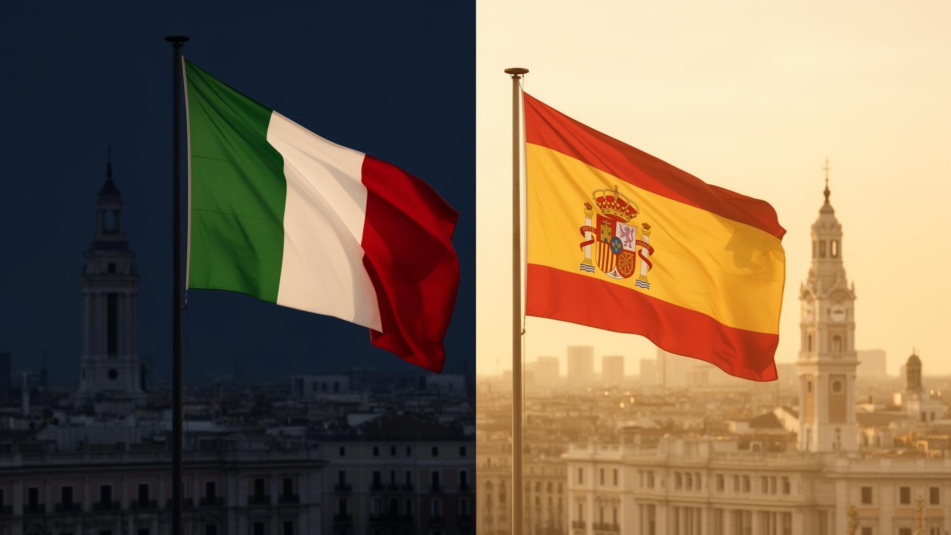 Bandiera italiana e bandiera spagnola con skyline urbano sullo sfondo