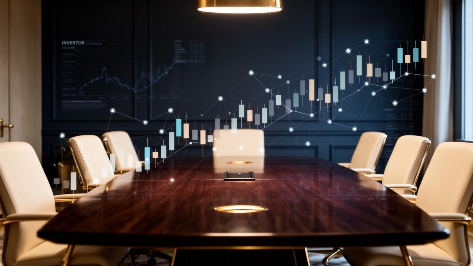 Sala riunioni con grafici finanziari e visualizzazioni di dati di mercato