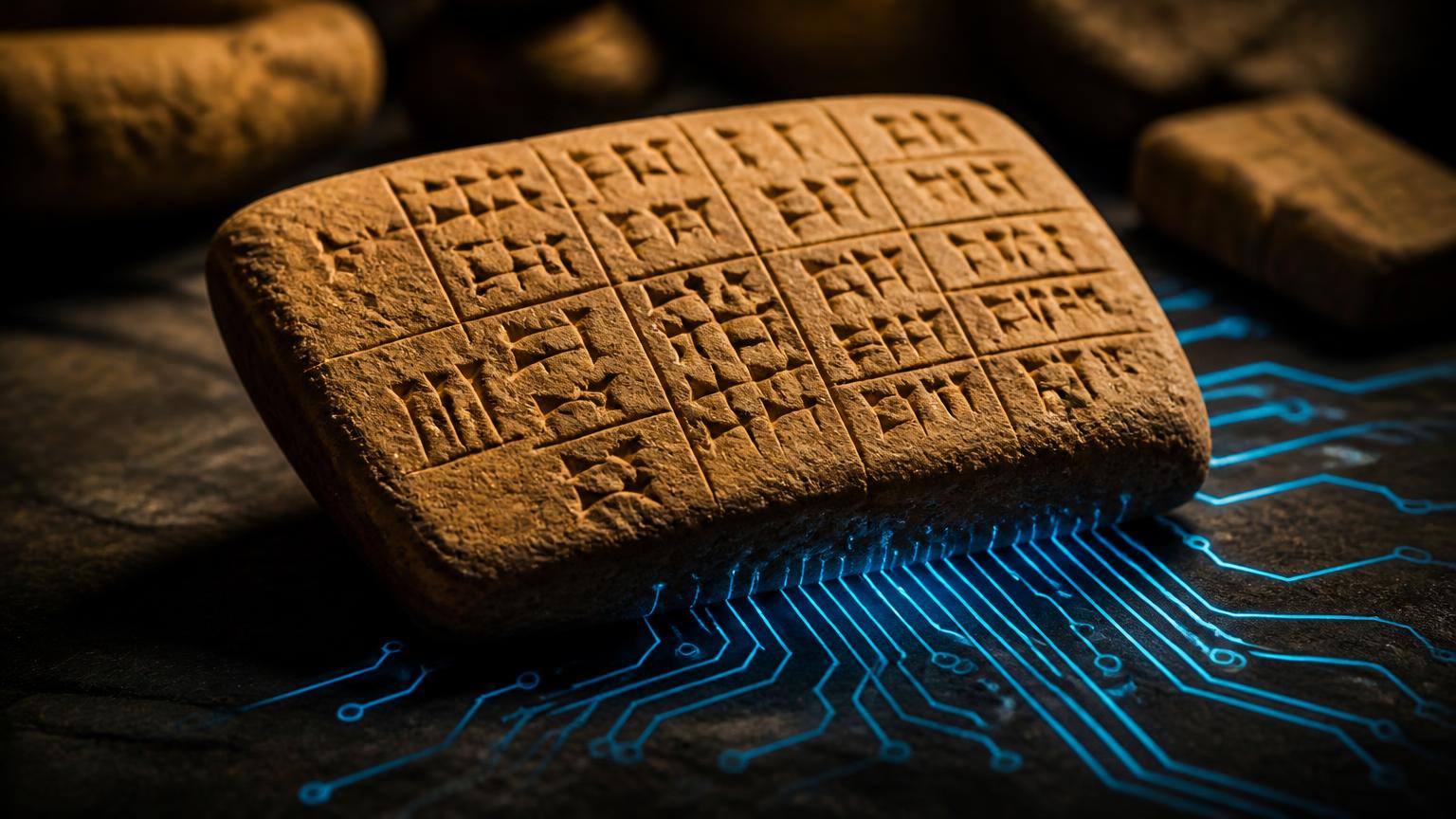 Tavoletta babilonese in argilla con caratteri cuneiformi collegata a tracce luminose di circuito elettronico